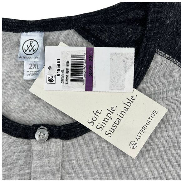 New  Alternative Men Grey Henley Pullover Crew Neck 3/4 Sleeve Sweatshirt US XXL - Picture 9 of 11